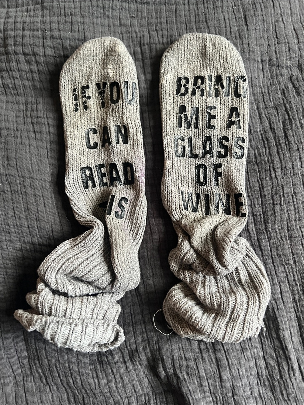 Cozy Ribbed Crew Socks in Light Gray with Novelty Text